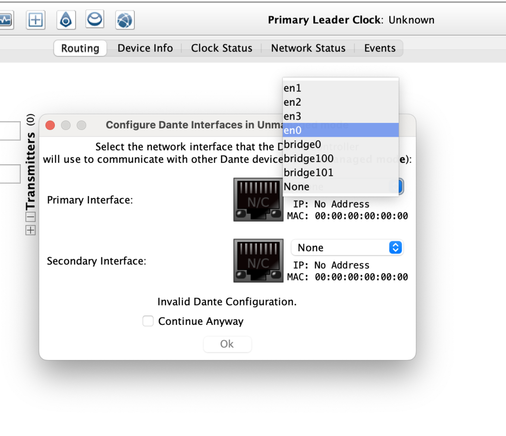 Dante Controller Window - Select Network Adapter Interface